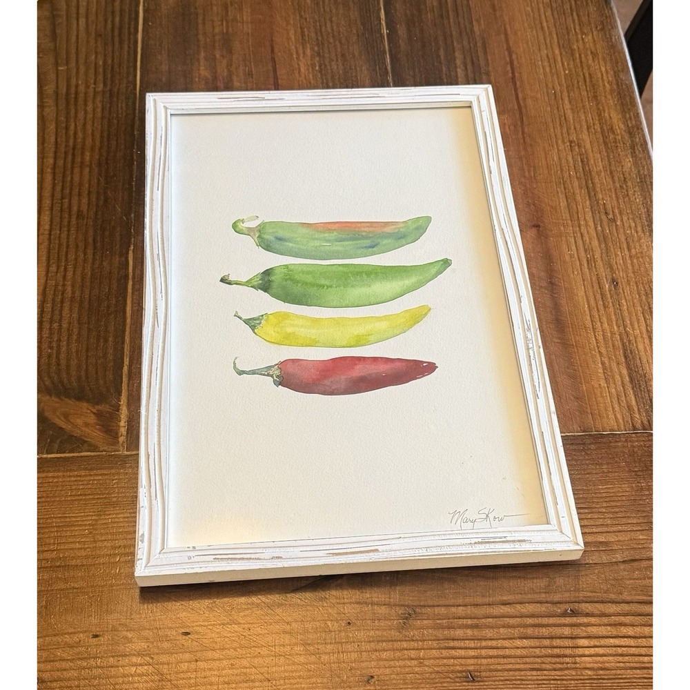 Original Watercolor Chili Peppers "Spicy" Mary Skow Framed 12x18 Signed Art